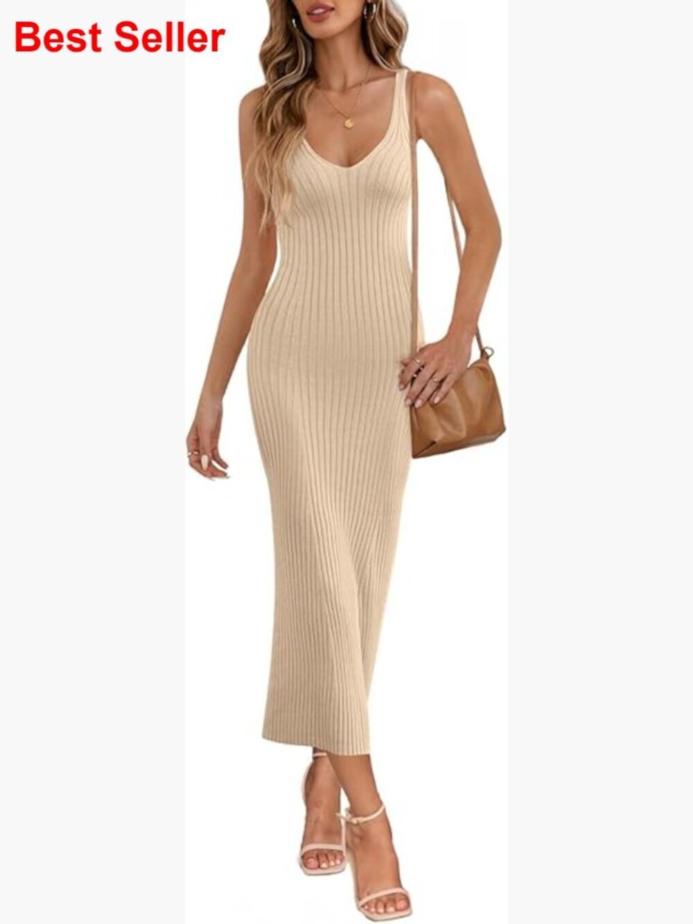 Bodycon Knit Midi Dress Deep V Neck Sleeveless Sweater Dress for Vacation